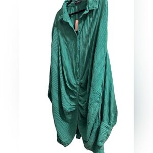 Plus Green Textured Gathered Detail Long Sleeve Shirt Dress